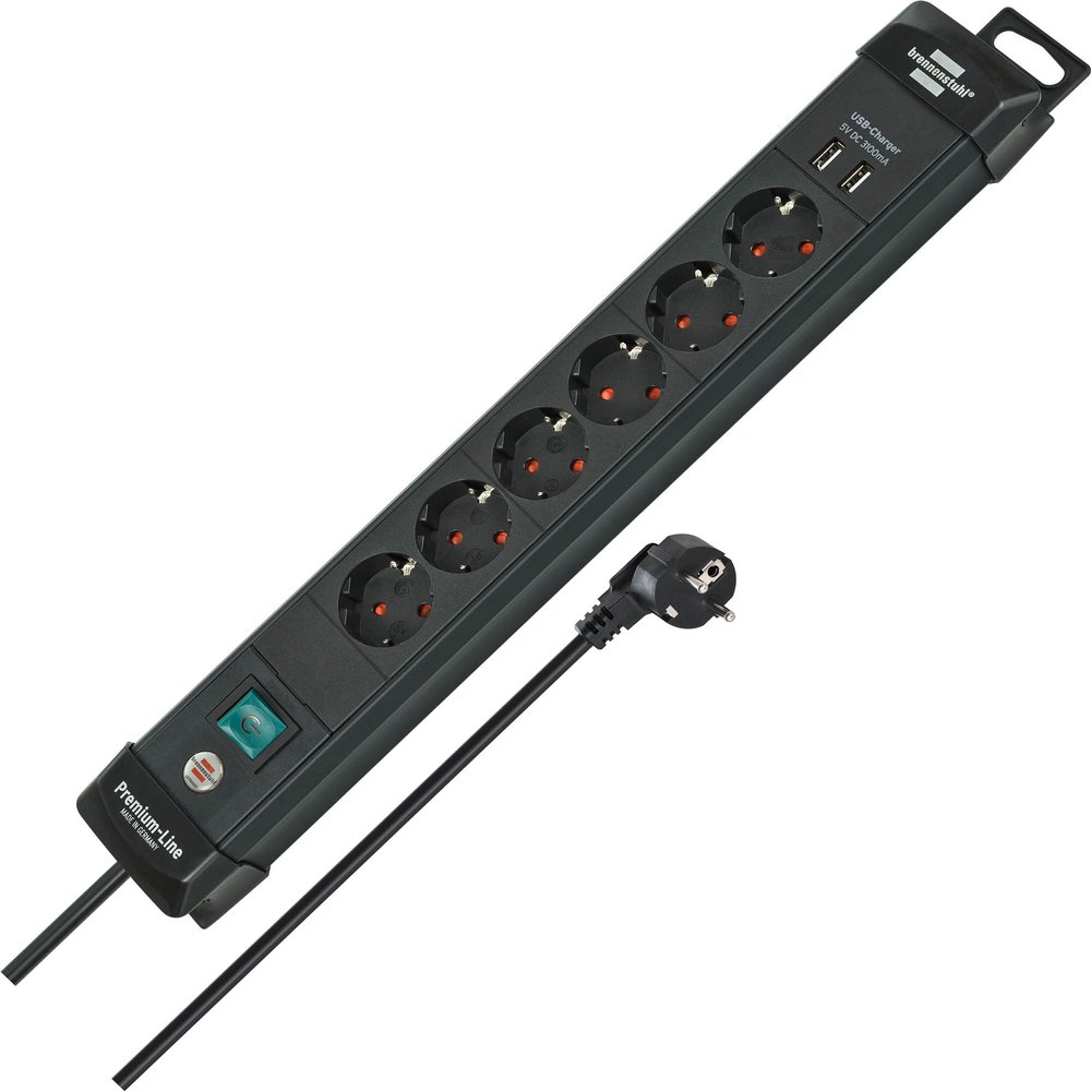 Brennenstuhl Premium-Line Power Strip 6-fold (Extension Lead with 3m Cable and Switch, with Hanging Device, 2-fold USB 3.1 A, mountable, Made in Germany) Black