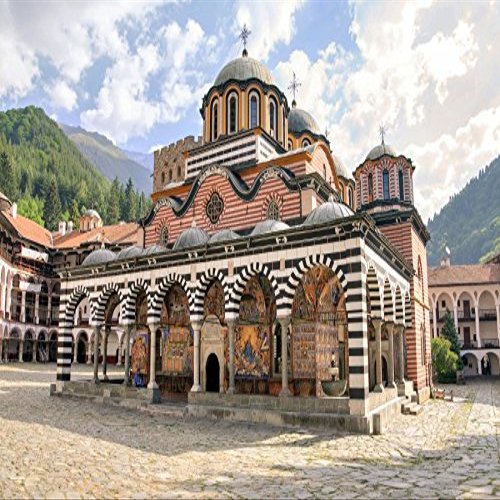 Leyiyi 12x10ft Rila Monastery Bulgaria European Landmark Backdrop Sunny Old Striped Dome Built Structure Building Summer Autumn Journey Fashion Youngster Boy Band Girl Adult Artistic Portrait
