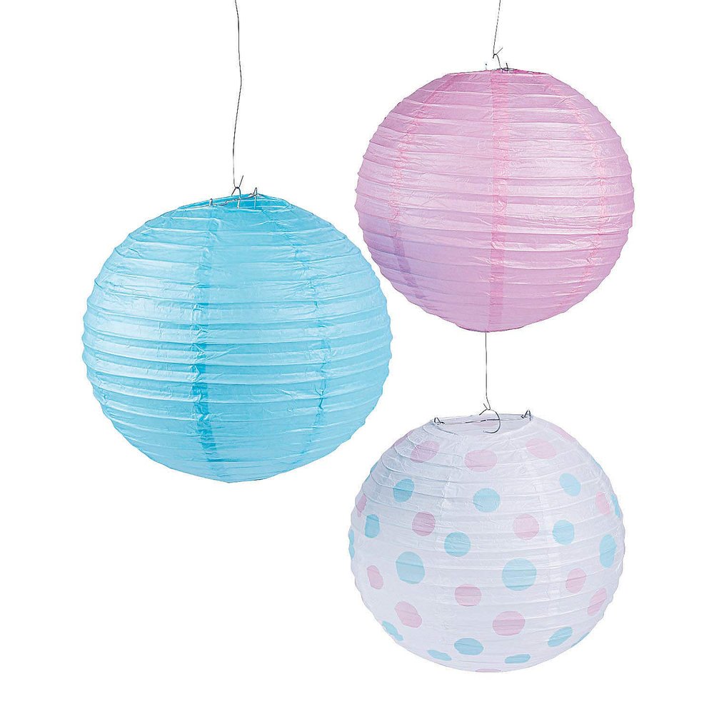 Fun Express 12" Pink & Blue Paper Lanterns for Baby - Hanging Party Decor - Lanterns - 3 Pieces - Perfect for Baby Showers & Celebrations