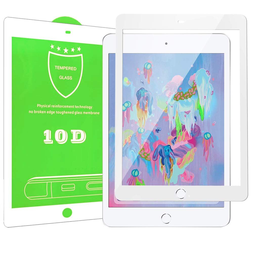 [2 Pack] iPad 9.7 5th 6th Air/Air2 Pro 9.7 Screen Protector KIQ Tempered Glass 10D HD Shatterproof Anti-Scratch Self-Adhere Full Cover Easy to Install for Apple iPad Air Pro 5th 6th Gen [10D White]
