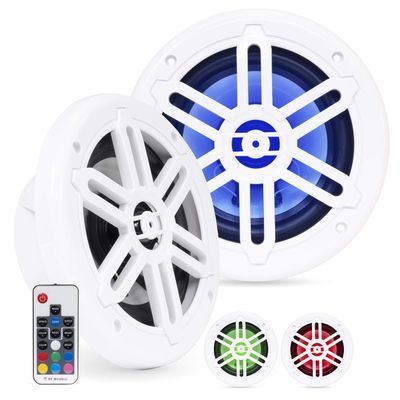 BELVA BMRGBWH 500W Peak (250W RMS) 6.5" 2-Way White Coaxial Marine Speakers with Multi-Color LED Lighting for Boats/ATV/UTV/SxS/Powersport