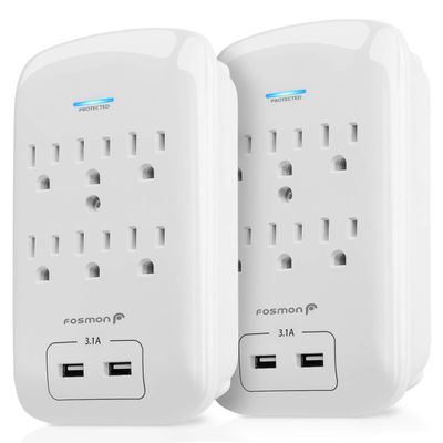 Fosmon 6 Outlet Surge Protector 1200 Joules with 2 USB Ports Charger (3.1A), Multi Plug Outlet Extender 1875 Watt, 3-Prong Grounded Wall Tap Adapter (2 Pack)