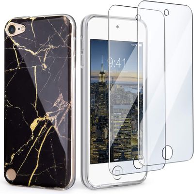 IDWELL iPod Touch Case with Screen Protectors, Slim FIT Anti-Scratch Flexible Soft TPU Bumper Hybrid Shockproof Protective Case for iPod Touch 5/6/7, Black Marble