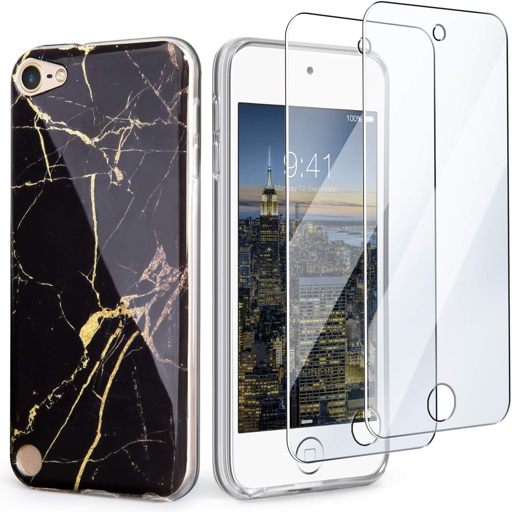 IDWELL iPod Touch Case with Screen Protectors, Slim FIT Anti-Scratch Flexible Soft TPU Bumper Hybrid Shockproof Protective Case for iPod Touch 5/6/7, Black Marble