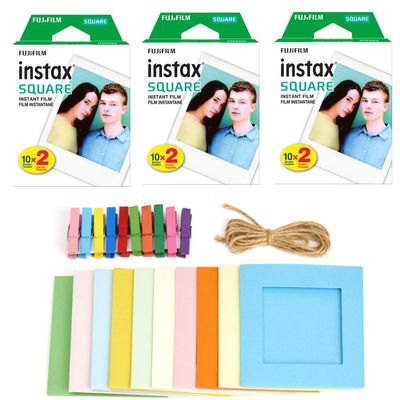 3X Fujifilm Instax Square Instant Film (60 Exposures) + Hanging Photo Frames for Square Film Assorted Colors Deluxe Accessory Bundle