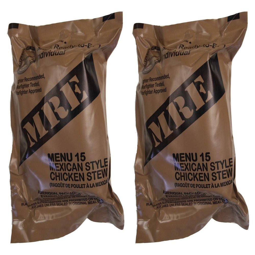TWO (2) NEW MRE's 2020 - 2021 1st Insp. date - US Military Meals Ready-to-Eat w/FREE DESSERT! (Two 15's - Mexican Style Chicken Stew)