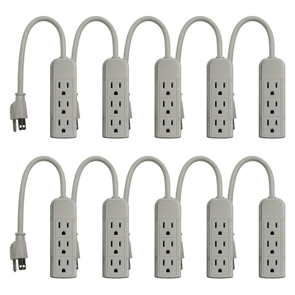 Uninex PS28U Compact Grounded 3-Outlet Power Strip, UL Listed, 1-Foot, 10-Pack