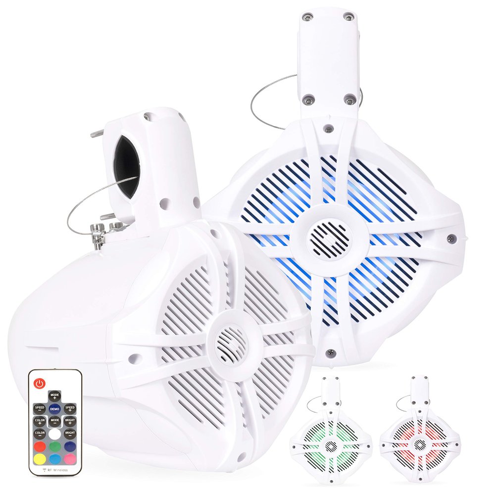 BELVA BWT6LED 500W Peak (250W RMS) 6.5" White Marine Tower Speakers with Multi-Color LED Lighting and Remote for Boats/ATV/UTV/Motorcycles/SxS/Golf Cart
