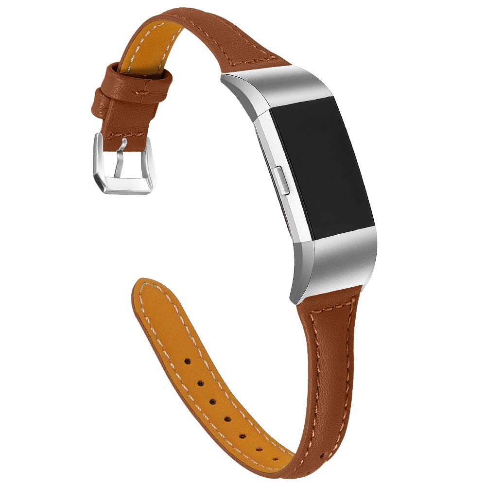Soft Leather Band Replacement Compatible for Fitbit Charge 2 Smart Watch, Solid Color Wristband for Women (Brown)