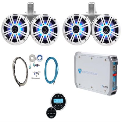 KICKER (2) 45KMTDC65W Dual 6.390w Marine Wakeboard LED Tower Speakers KMTDC65 Bundle with Rockville RGHR2 Marine Receiver, RMWK8 8 AWG Marine Amplifier and RXM-T1 Marine Amplifier Stereo