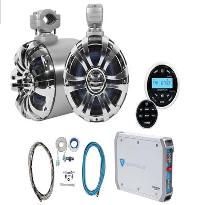 Rockville WB65 Bundle: (2) 6.5-in 600-Watt Metal Marine Wakeboard Tower Speakers with Swivel Brackets, RGHR2 Gauge Receiver with Bluetooth, RXM-T1 1500-Watt 2-Channel Amplifier, RMWK4 Amp Kit, 5-items