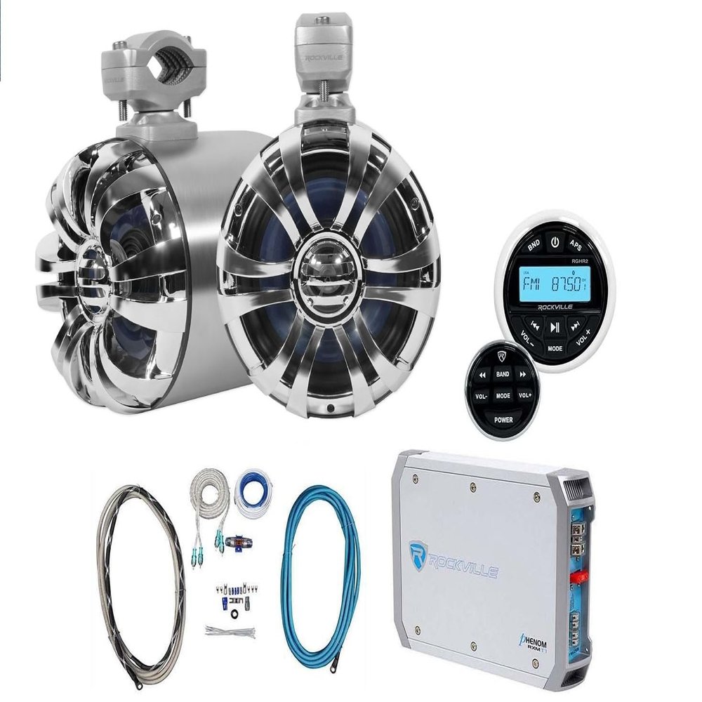 Rockville WB65 Bundle: (2) 6.5-in 600-Watt Metal Marine Wakeboard Tower Speakers with Swivel Brackets, RGHR2 Gauge Receiver with Bluetooth, RXM-T1 1500-Watt 2-Channel Amplifier, RMWK4 Amp Kit, 5-items