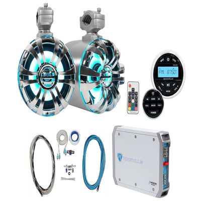Rockville WB65KLED Bundle: (2) 6.5-in 600W Metal Wakeboard LED Tower Speakers, RXM-T1 1500W Amplifier, RMWK4 4 AWG Amp Installation Kit, RGHR2 Marine Gauge Hole Receiver, 5-Items