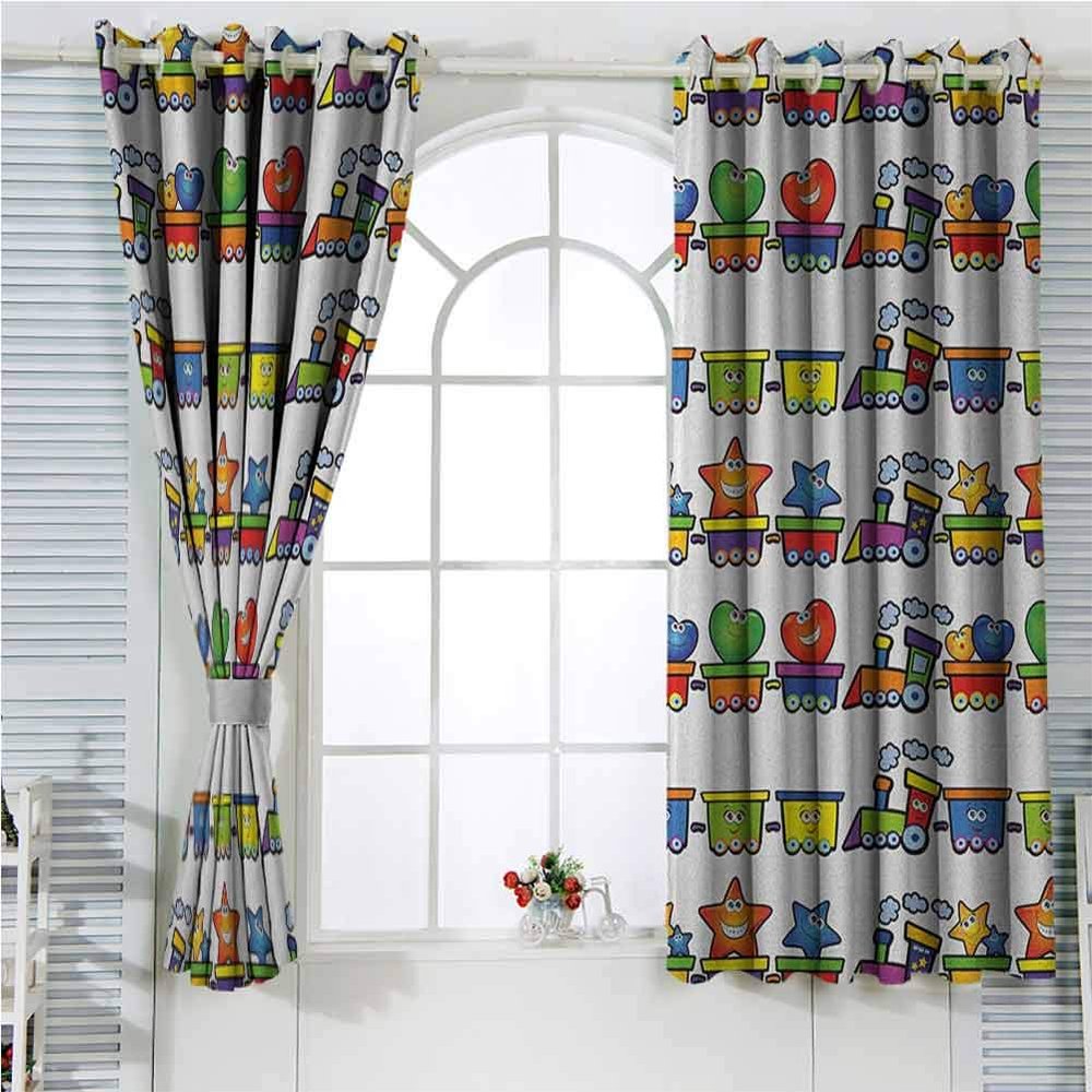 Nursery Blackout Room Darkening Curtains,Trains Loaded with Stars Hearts and Smiles Cheerful Happy Locomotive Cartoon Print Blackout Drapes for Living Room W84 x L84 Inch Multicolor