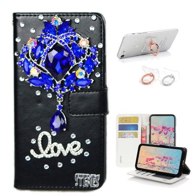 STENES Bling Wallet Case Compatible with iPod Touch 5 / iPod Touch 6 - Stylish - 3D Handmade Luxury Rhinestone Flower Leather Cover with Ring Stand Holder [2 Pack] - Purple