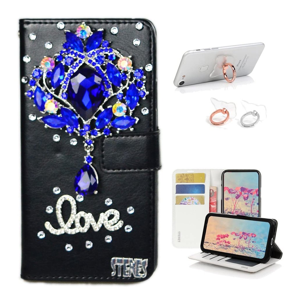 STENES Bling Wallet Case Compatible with iPod Touch 5 / iPod Touch 6 - Stylish - 3D Handmade Luxury Rhinestone Flower Leather Cover with Ring Stand Holder [2 Pack] - Purple