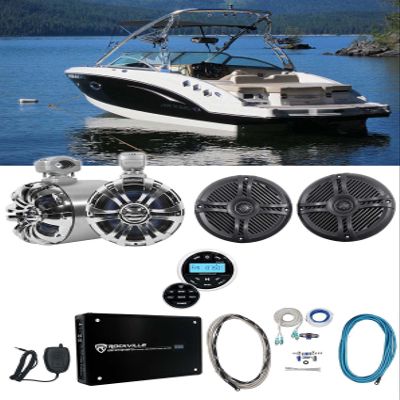 Rockville WB65 Bundle: (2) 6.5 in 600-Watt Metal Marine Wakeboard Speakers, (2) RMSTS65B 6.5 in 800-Watt Boat Speakers, Krypton MF3 4-Channel Amplifier, RGHR2 Gauge Receiver, RMWK4 Amp Kit, 7-Items