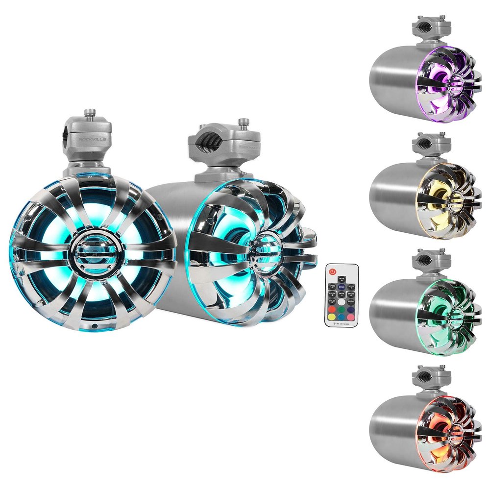 Rockville WB65KLED 600W Peak/300W RMS Marine Wakeboard Tower Speakers Pair, 6.5", Built-in LED Lights, 360 Degree Swivel, Waterproof, 4 Ohm, for Boats, Jeeps, and ATVs