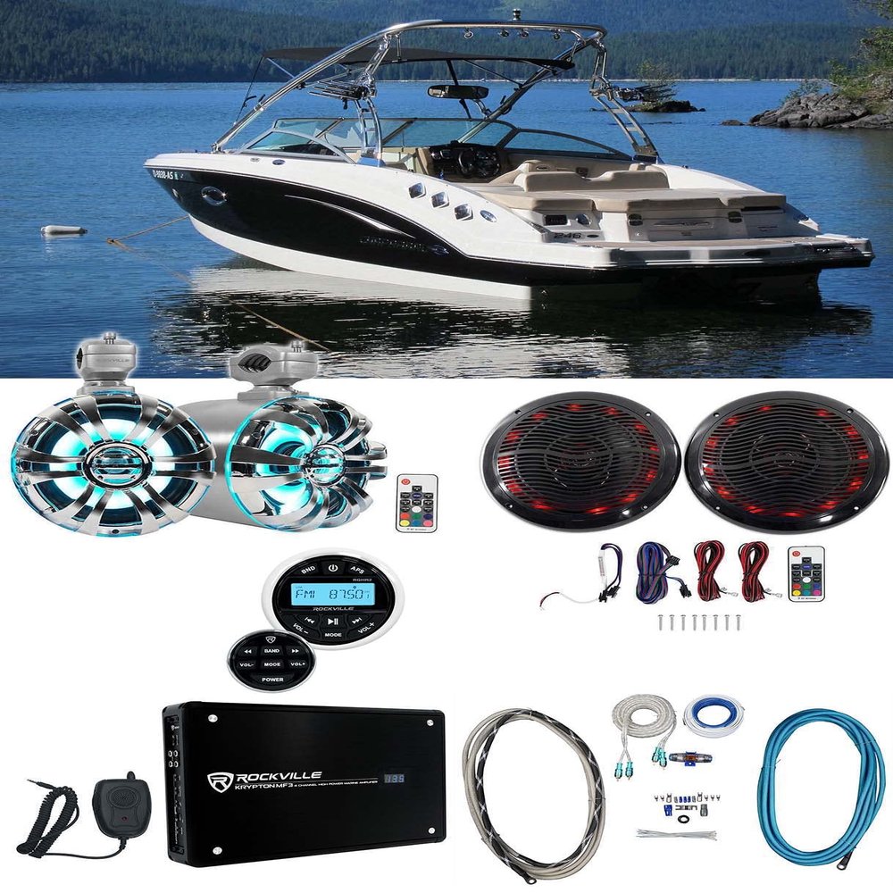 Rockville WB65LED Bundle: (4) 6.5 in 600-Watt Tower Speakers, RMC65LB 6.5 in LED Marine Speakers, RGHR2 Bluetooth Receiver, Krypton MF3 1600-Watt Marine Amplifier, RMWK4 4-Gauge Wiring Kit, 6-Items