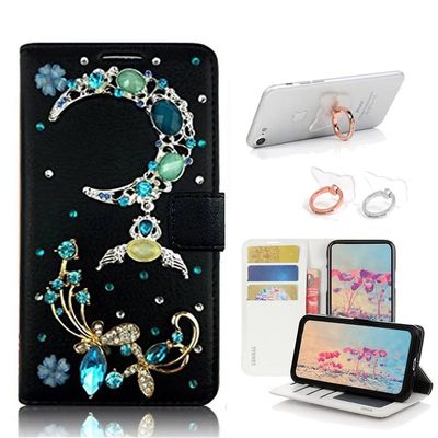 STENES Bling Wallet Case Compatible with iPod Touch 5 / iPod Touch 6 - Stylish - 3D Handmade Butterfly Crescent Moon Design Leather Cover with Ring Stand Holder [2 Pack] - Green