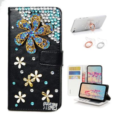 STENES Bling Wallet Case Compatible with iPod Touch 5 / iPod Touch 6 - Stylish - 3D Handmade Windmill Flowers Floral Design Leather Cover with Ring Stand Holder [2 Pack] - Blue