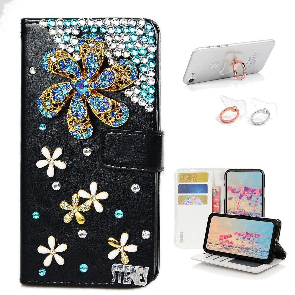 STENES Bling Wallet Case Compatible with iPod Touch 5 / iPod Touch 6 - Stylish - 3D Handmade Windmill Flowers Floral Design Leather Cover with Ring Stand Holder [2 Pack] - Blue