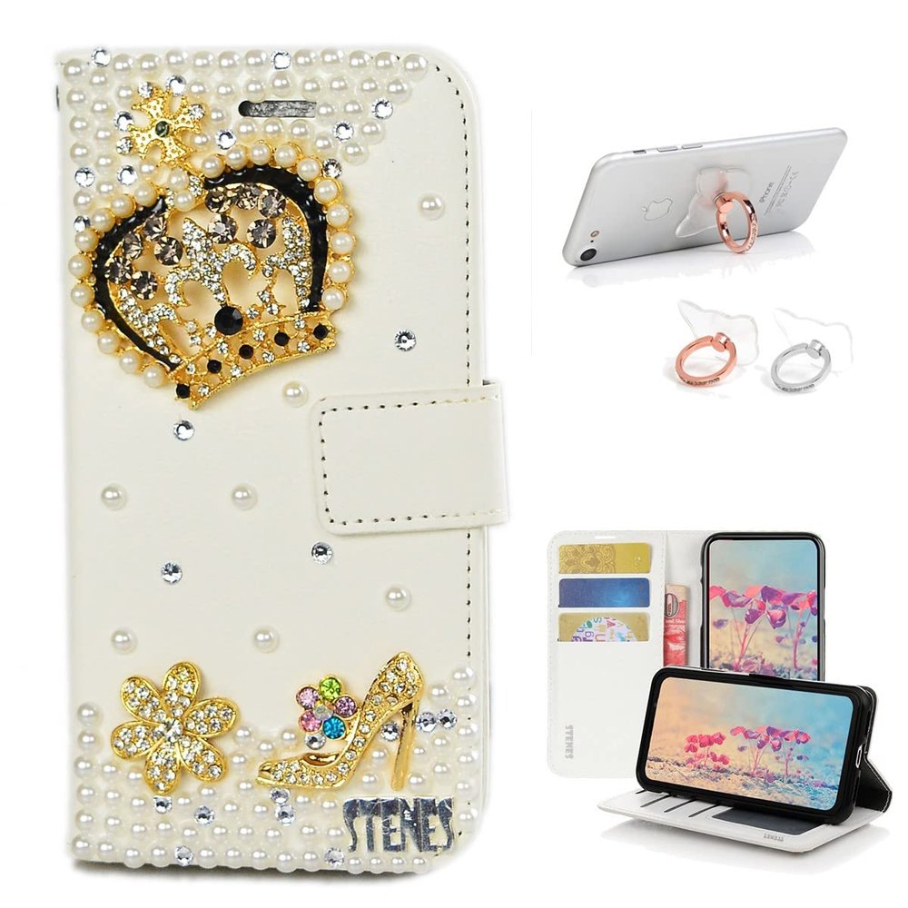STENES Bling Wallet Case Compatible with iPod Touch 5 / iPod Touch 6 - Stylish - 3D Handmade Crown Girls High Heel Flowers Leather Cover with Ring Stand Holder [2 Pack] - Gold