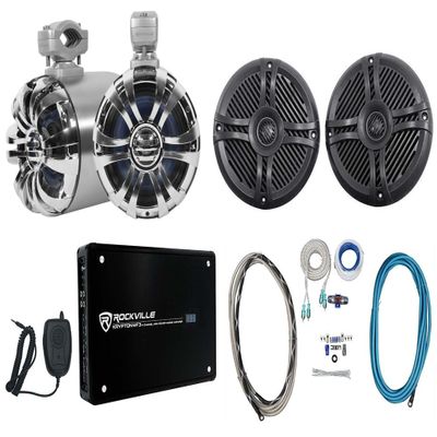 Rockville WB65 Bundle: (2) 6.5 in 600-Watt Swivel Metal Marine Wakeboard Speakers, (2) RMSTS65B 6.5-in 800-Watt Boat Coaxial Speakers, Krypton MF3 4-Channel 1600W Amplifier, RMWK4 Amp Kit, 6-Items