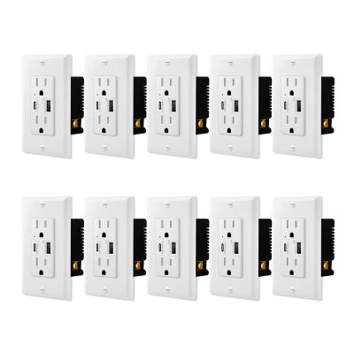 SuperInk 10 Pack UL Certificated Type C & Type A 5.8A 5V USB Wall Outlets 15A Tamper Resistant Receptacle Wall Plate Charger Adapter AC Power White Socket for USB Charging Sync Data cable Easy Install