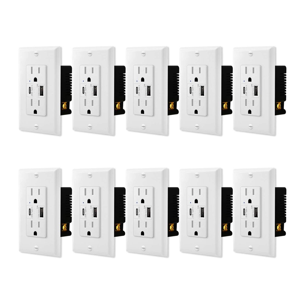 SuperInk 10 Pack UL Certificated Type C & Type A 5.8A 5V USB Wall Outlets 15A Tamper Resistant Receptacle Wall Plate Charger Adapter AC Power White Socket for USB Charging Sync Data cable Easy Install