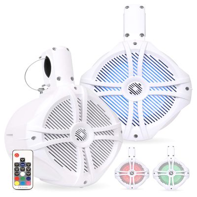 BELVA BWT8LED 600W Peak (300W RMS) 8" White Marine Tower Speakers with Multi-Color LED Lighting and Remote for Boats/ATV/UTV/Motorcycles/SxS/Golf Cart