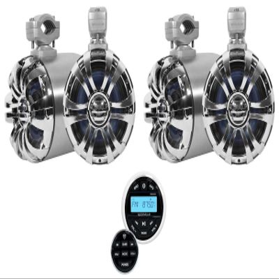 Rockville WB65 Bundle: (4) 6.5" 600W Peak/300W RMS Per Pair Marine 4 Ohm Wakeboard Tower Speakers w/Swivel Brackets, RGHR2 Gauge-Hole Media Receiver with Bluetooth, USB, AM/FM, Wired Remote, 5-Items