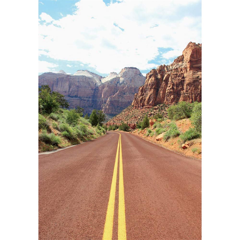 Leyiyi Mountain Road Scenery Backdrop 8x10ft Photography Backdrop Endless Asphalt Road Tall Mountain Green Plants Baby Blue Clear Cloudy Sky Adventure Tour Outgoing Hike Photo Backdrop
