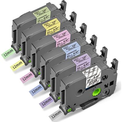 Freshworld Replace for Brother Ptouch 12mm 0.47 Laminated TZ Colored Refills Tape Black on Clear/Purple/Blue/Pink/Yellow/Green, Compatible with Brother PTouch Label Maker PT-D210 D220 H110 D400