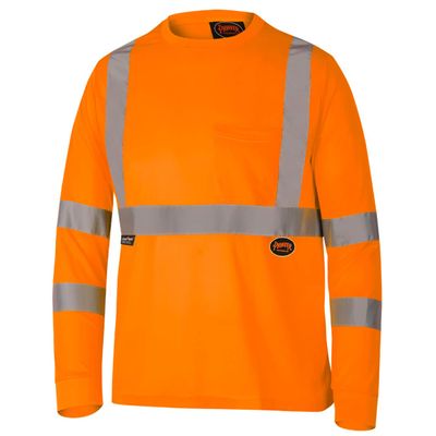 Pioneer Hi Vis Safety T Shirt for Men - Long Sleeve with Pocket- Reflective Tape - High-Visibility T-Shirt Dry Wick, Lightweight Tee Orange or Yellow/Green