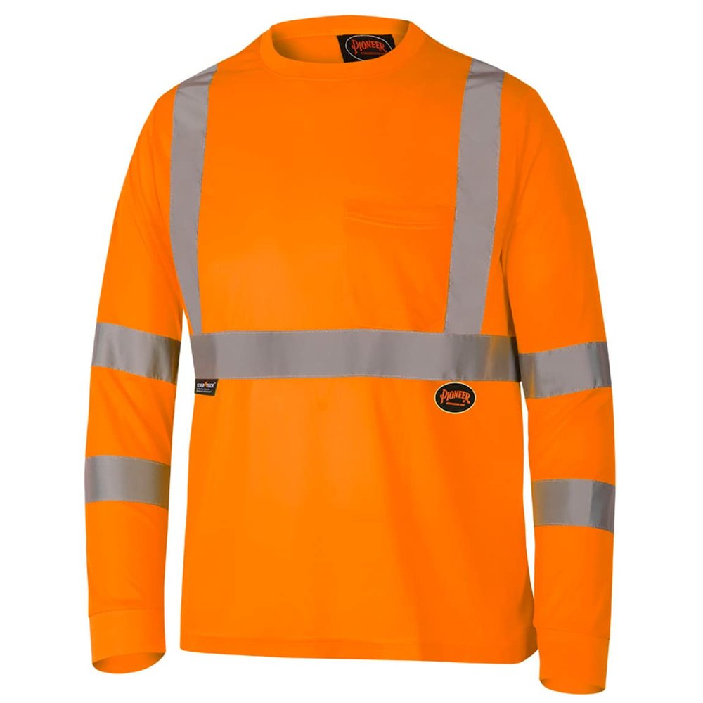 Pioneer Hi Vis Safety T Shirt for Men - Long Sleeve with Pocket- Reflective Tape - High-Visibility T-Shirt Dry Wick, Lightweight Tee Orange or Yellow/Green