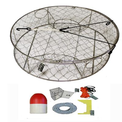 KUFA Stainless Steel Crab Trap with Zinc Anode & Accessory Kit (100' Lead Core Rope, Caliper,Harness,Bait Case & 14" Red/White Float) CT100+CEC3+ZIN1