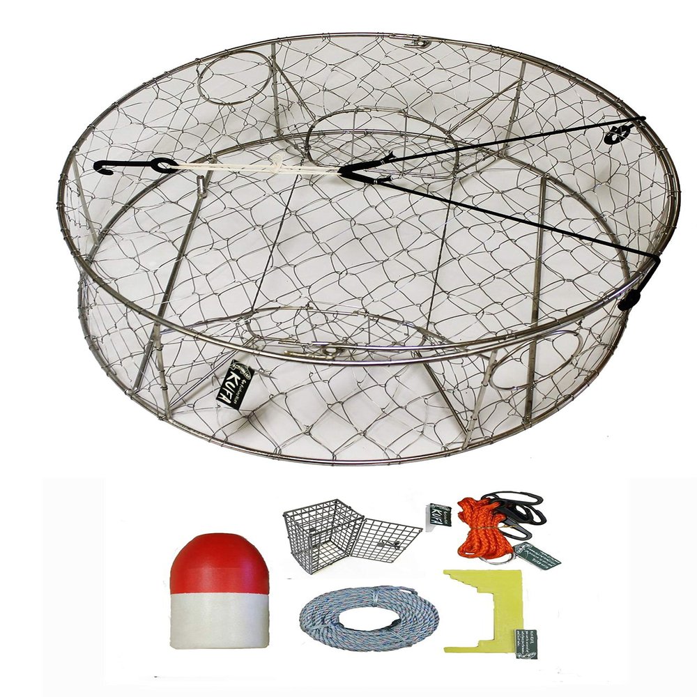 KUFA Stainless Steel Crab Trap with Zinc Anode & Accessory Kit (100' Lead Core Rope, Caliper,Harness,Bait Case & 14" Red/White Float) CT100+CEC3+ZIN1