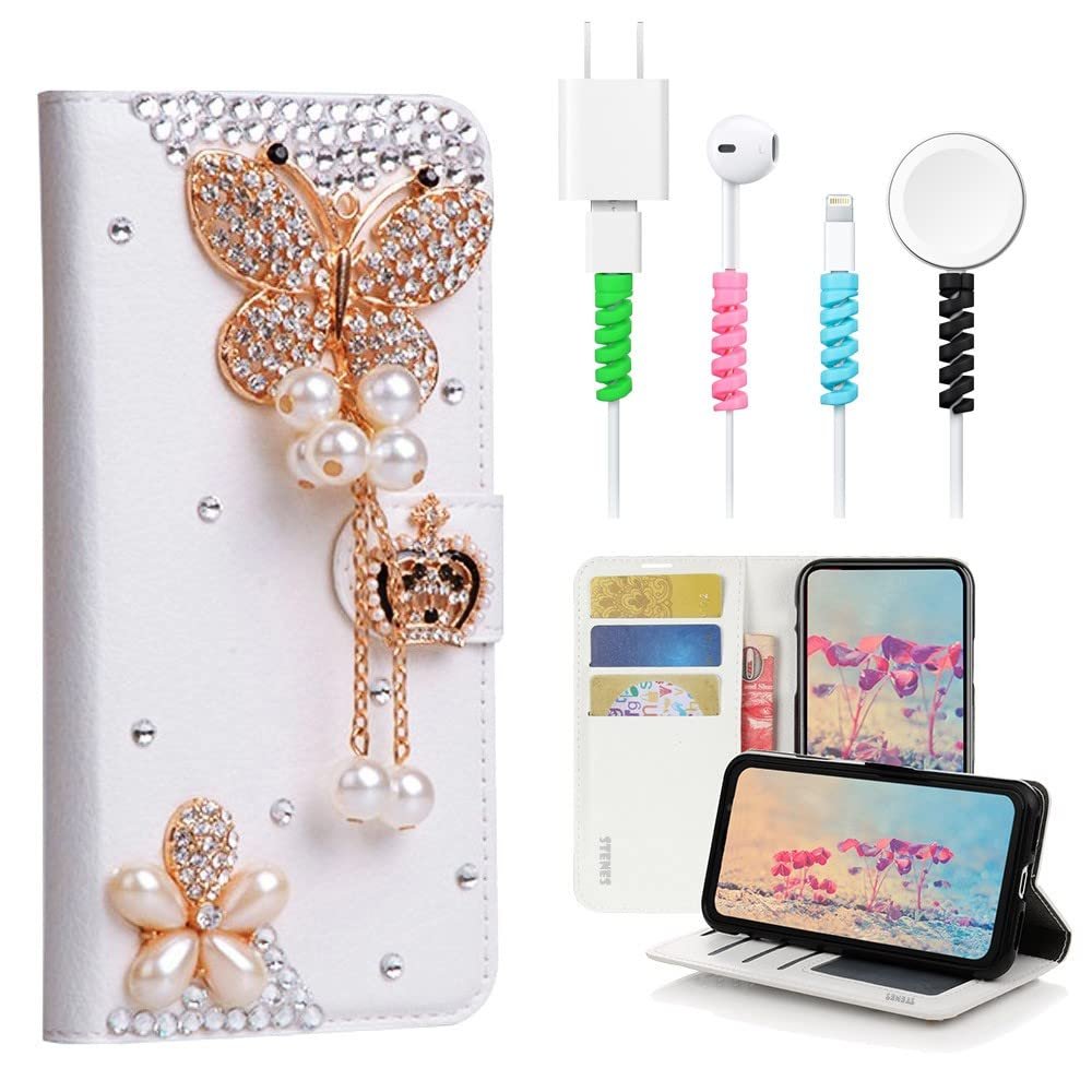 STENES Bling Wallet Case Compatible with iPod Touch 7th Gen (2019) - Stylish - 3D Handmade Butterfly Pendant Crown Design Leather Cover with Cable Protector [4 Pack] - White