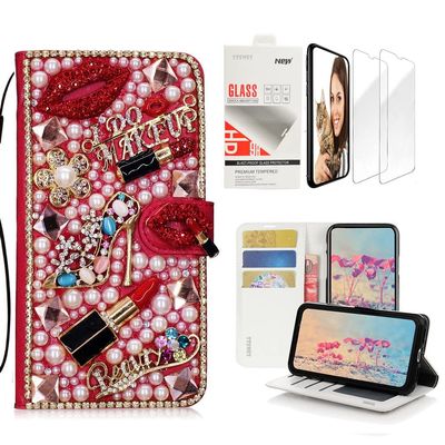 STENES Bling Wallet Case Compatible with iPod Touch 7th Gen (2019) - Stylish - 3D Handmade Girls Lipstick High Heel Flowers Leather Case with Wrist Strap & Screen Protector [2 Pack] - Red