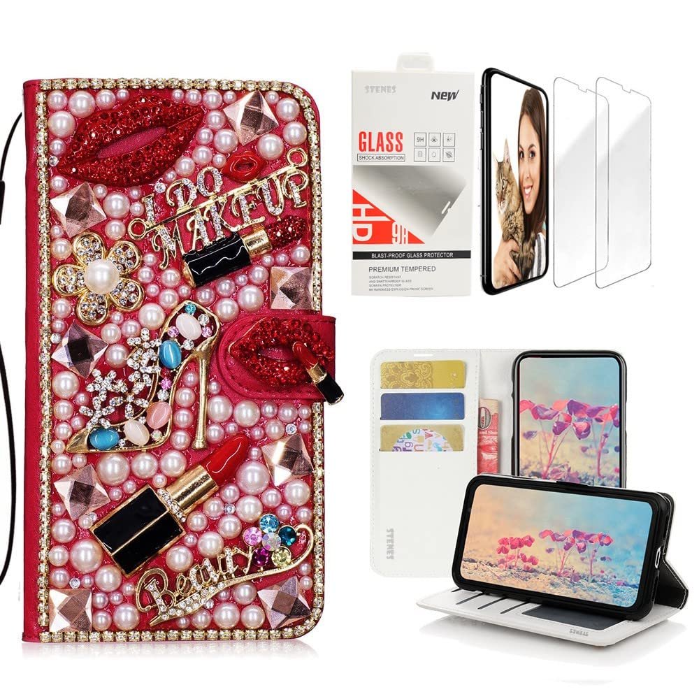 STENES Bling Wallet Case Compatible with iPod Touch 7th Gen (2019) - Stylish - 3D Handmade Girls Lipstick High Heel Flowers Leather Case with Wrist Strap & Screen Protector [2 Pack] - Red