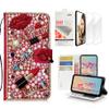 STENES Bling Wallet Case Compatible with iPod Touch 7th Gen (2019) - Stylish - 3D Handmade Girls Lipstick High Heel Flowers Leather Case with Wrist Strap & Screen Protector [2 Pack] - Red view 1