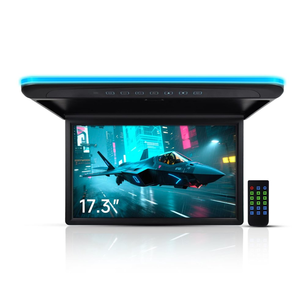 17.3 Inch Car Overhead Flip Down Monitor Screen Capable of displaying 1080P Videos high Definition Digital TFT Wide Screen Comes with HDMI IR FM USB and SD Capabilities