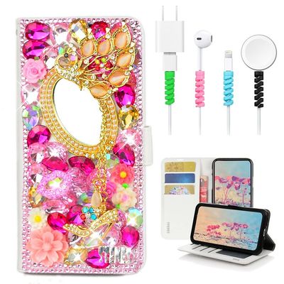STENES Bling Wallet Case Compatible with iPod Touch 7th Gen (2019) - Stylish - 3D Handmade Girls Mirror Peacock Pendant Flower Leather Cover with Cable Protector [4 Pack] - Pink