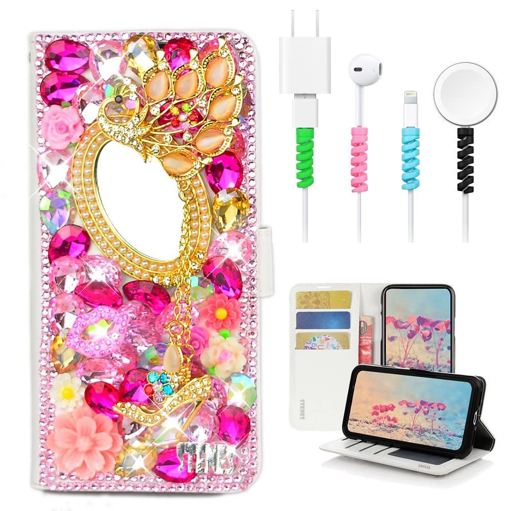 STENES Bling Wallet Case Compatible with iPod Touch 7th Gen (2019) - Stylish - 3D Handmade Girls Mirror Peacock Pendant Flower Leather Cover with Cable Protector [4 Pack] - Pink