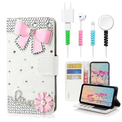 STENES Bling Wallet Case Compatible with iPod Touch 7th Gen (2019) - Stylish - 3D Handmade Bowknot Flowers Design Leather Cover with Cable Protector [4 Pack] - Pink