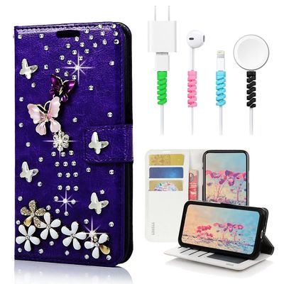 STENES Bling Wallet Case Compatible with iPod Touch 7th Gen (2019) - Stylish - 3D Handmade S-Link Butterfly Floral Leather Cover with Cable Protector [4 Pack] - Purple