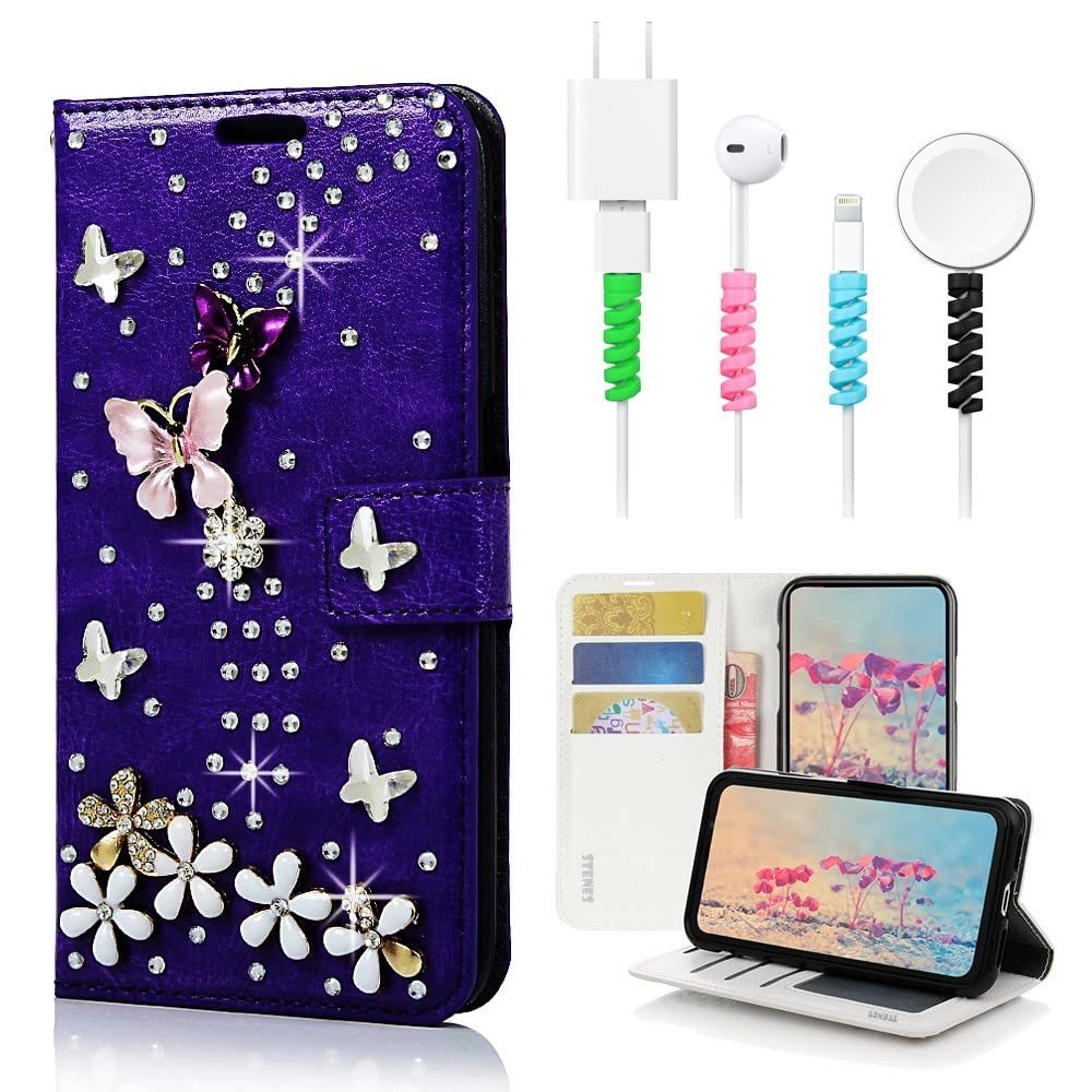 STENES Bling Wallet Case Compatible with iPod Touch 7th Gen (2019) - Stylish - 3D Handmade S-Link Butterfly Floral Leather Cover with Cable Protector [4 Pack] - Purple