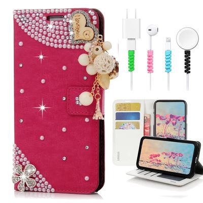 STENES Bling Wallet Case Compatible with iPod Touch 7th Gen (2019) - Stylish - 3D Handmade Heart Pendant Flowers Design Leather Cover with Cable Protector [4 Pack] - Red