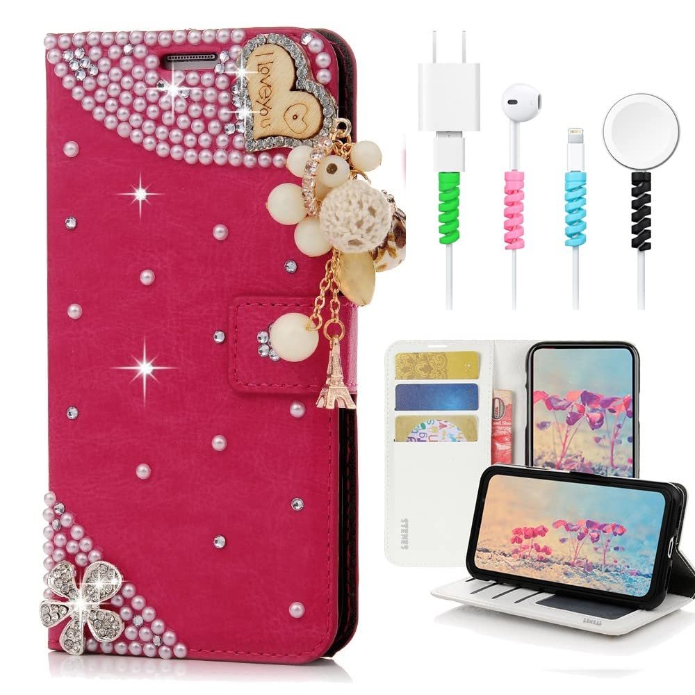 STENES Bling Wallet Case Compatible with iPod Touch 7th Gen (2019) - Stylish - 3D Handmade Heart Pendant Flowers Design Leather Cover with Cable Protector [4 Pack] - Red